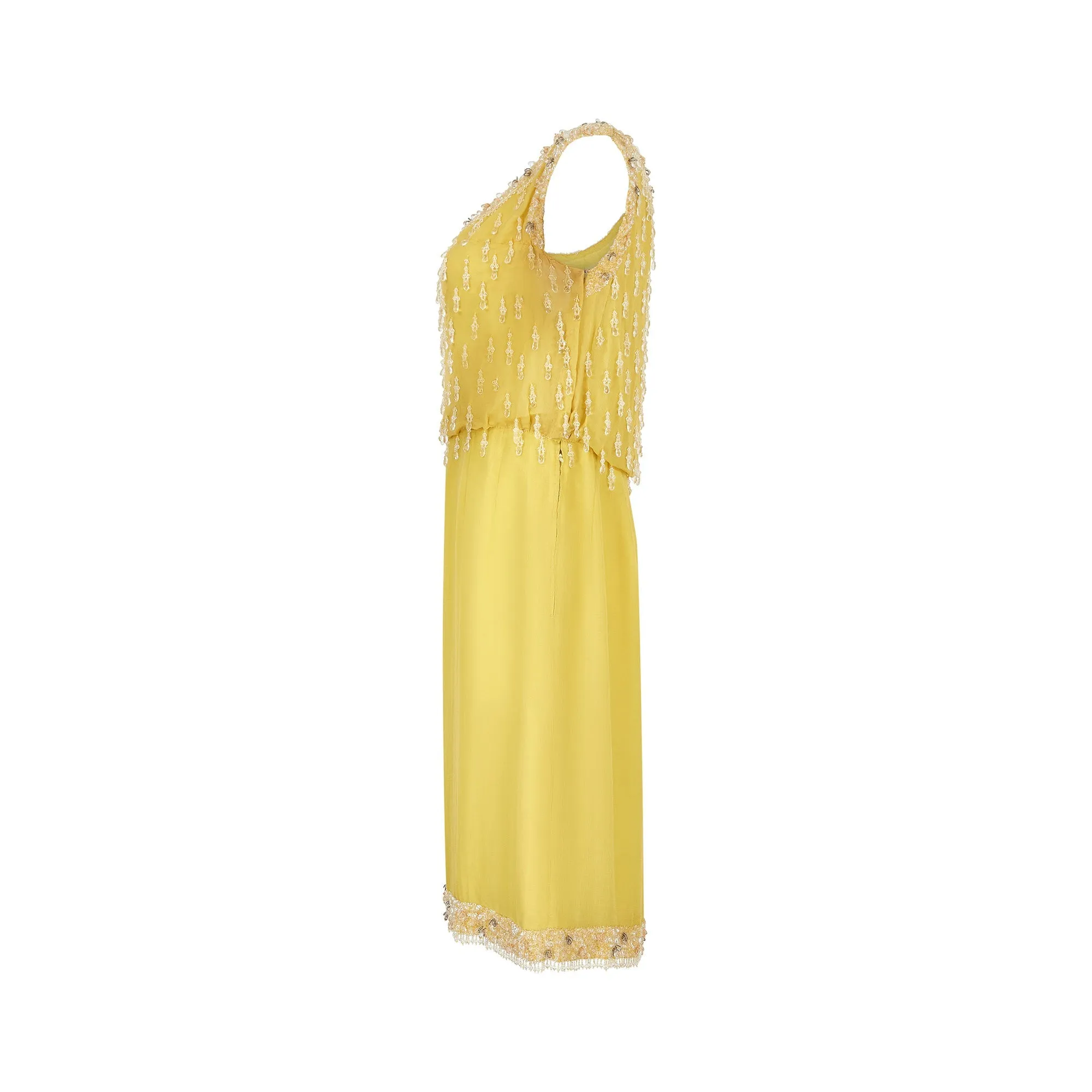 1960s French Couture Yellow Silk Chiffon Sequin Beaded Dress