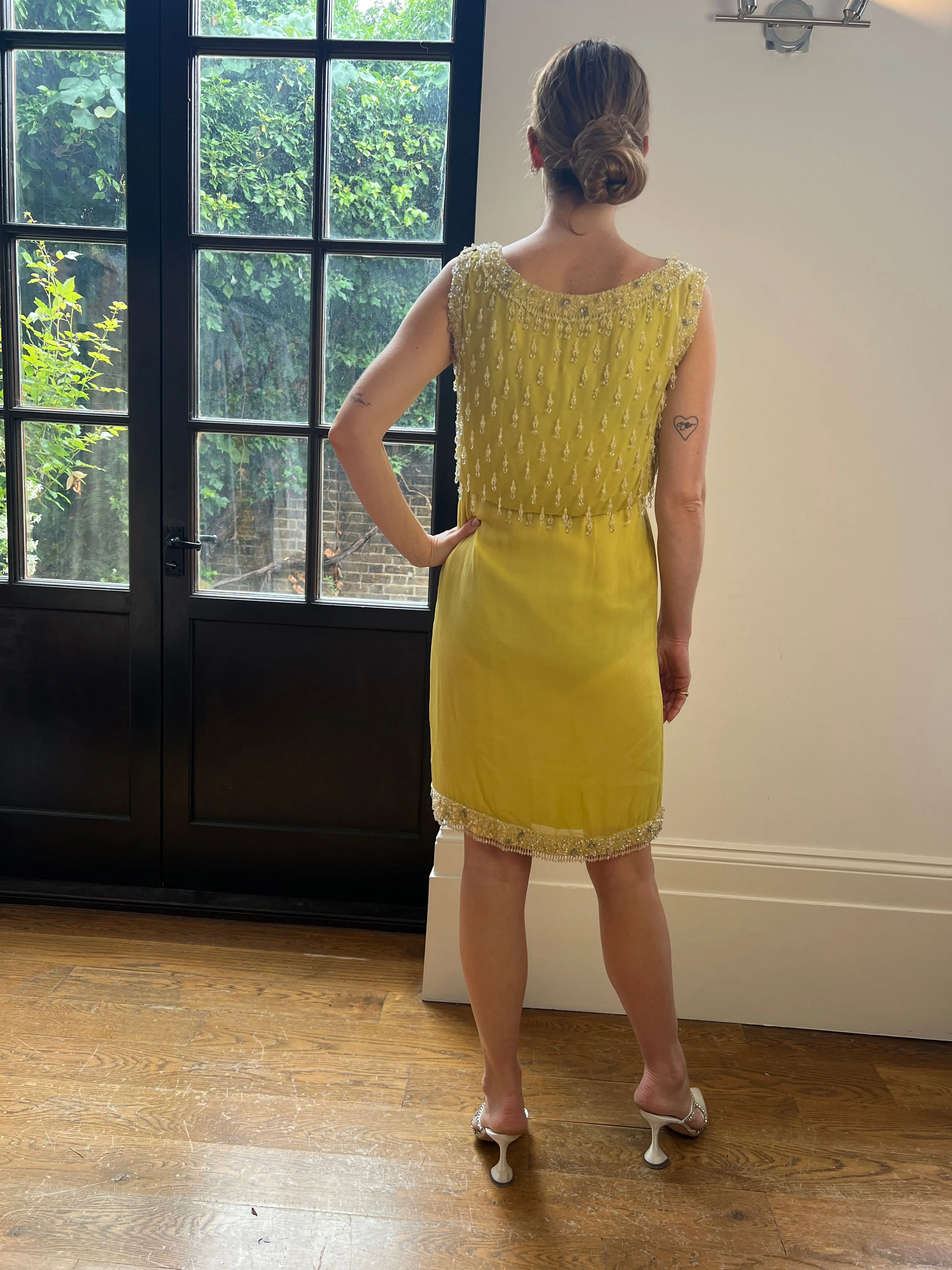 1960s French Couture Yellow Silk Chiffon Sequin Beaded Dress