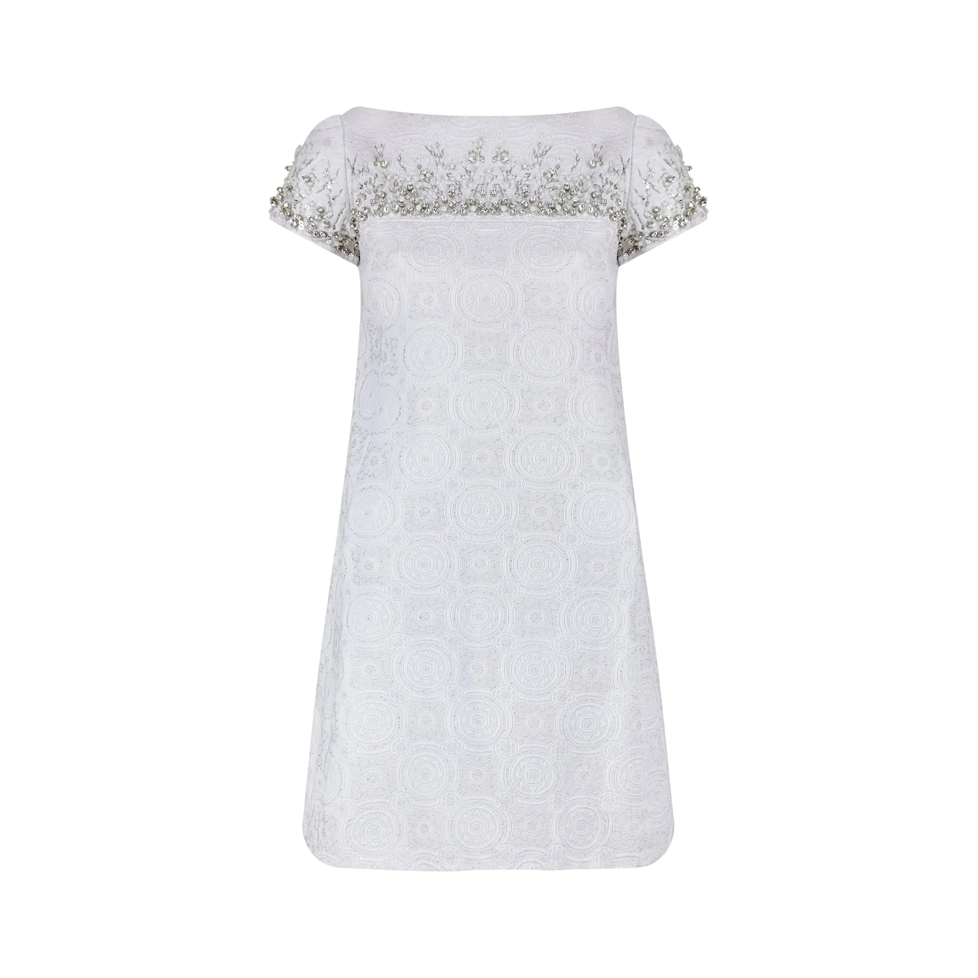 1960s Malcolm Starr Diamante White and Silver Weave Dress