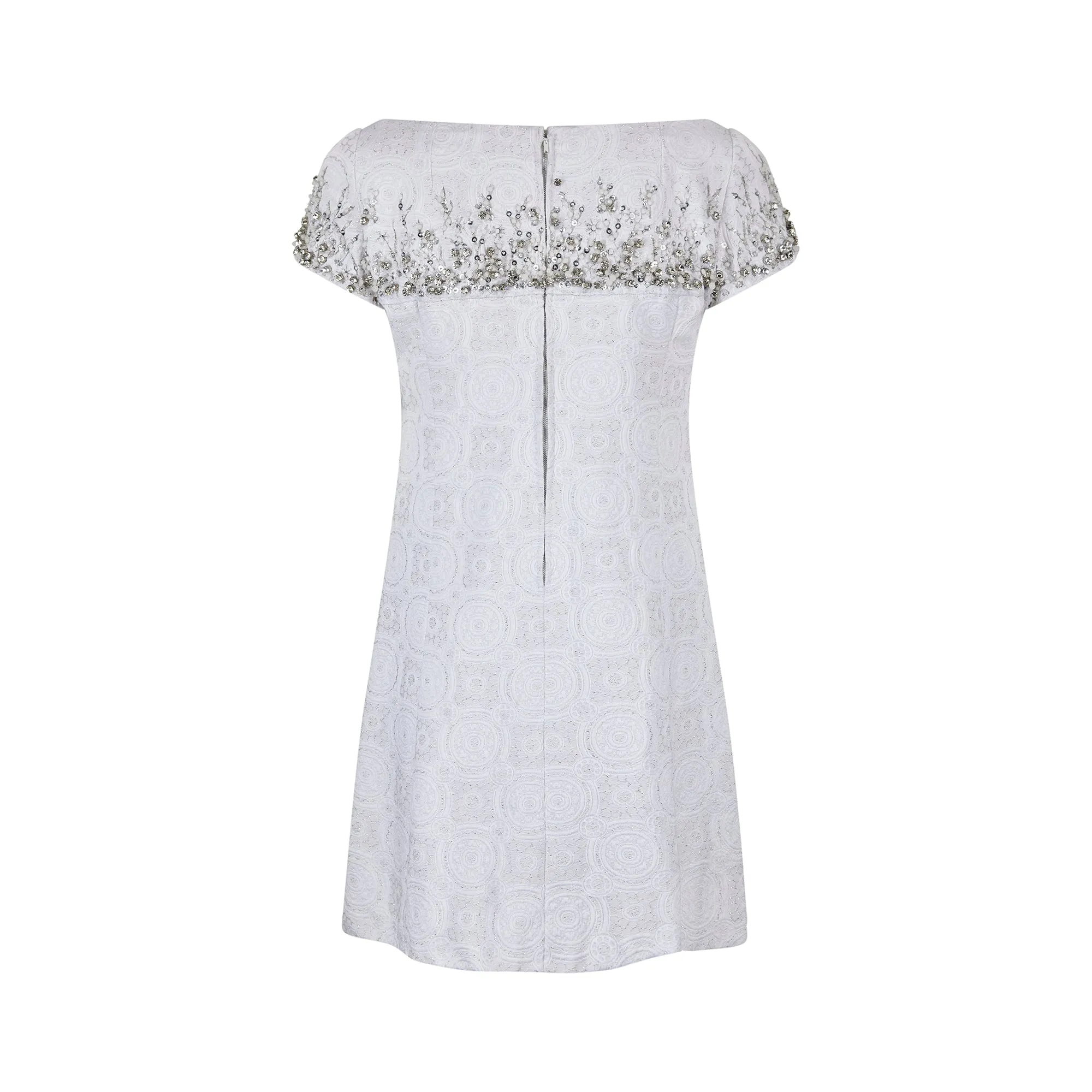 1960s Malcolm Starr Diamante White and Silver Weave Dress