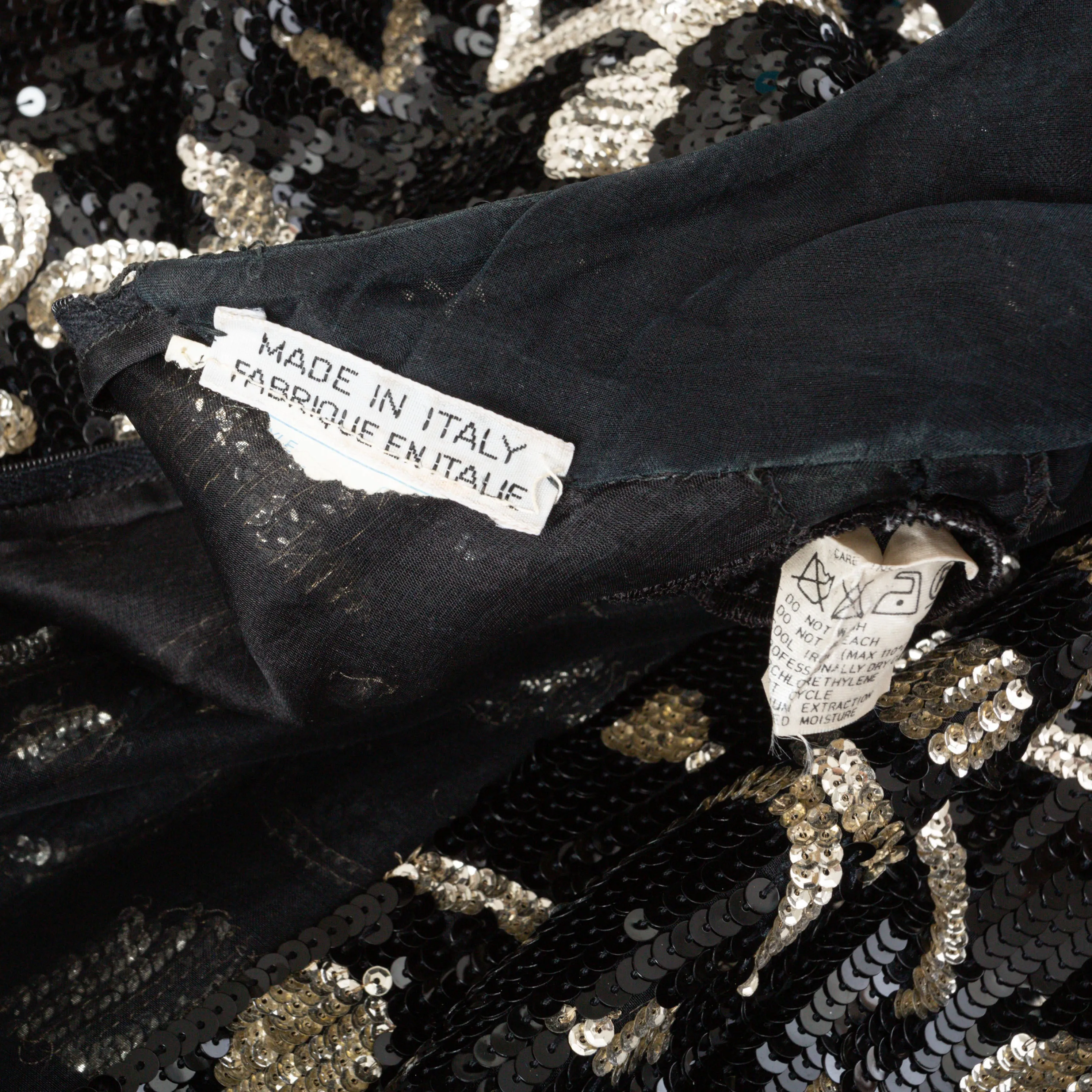 1980s Sequined Black and Gold Tiered Taffeta and Lace Dress