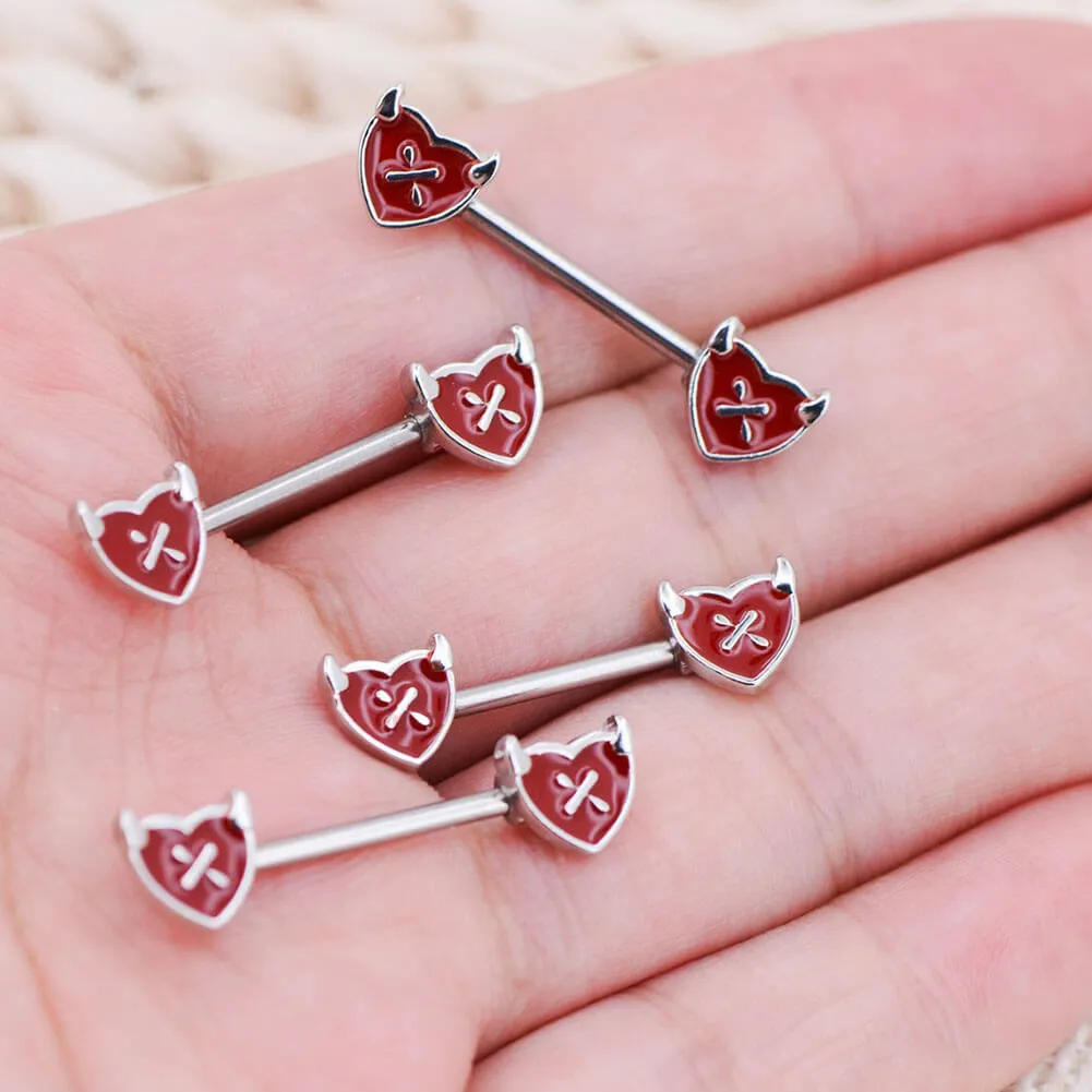 2PCS 14G Little Devil Red Heart Shaped Nipple Rings