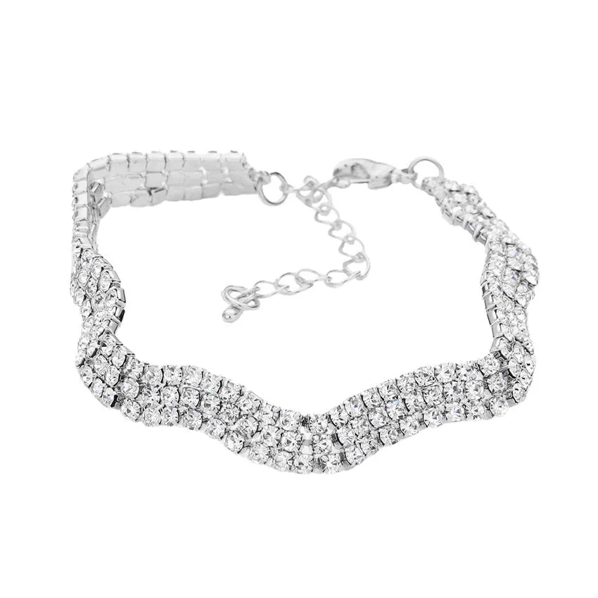 3Rows Rhinestone Wavy Evening Bracelet