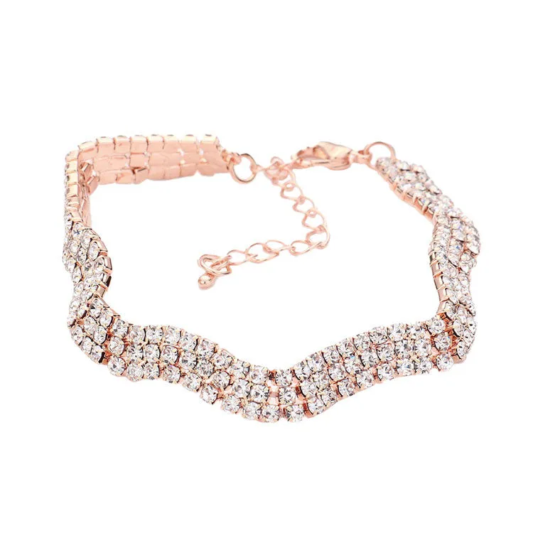 3Rows Rhinestone Wavy Evening Bracelet