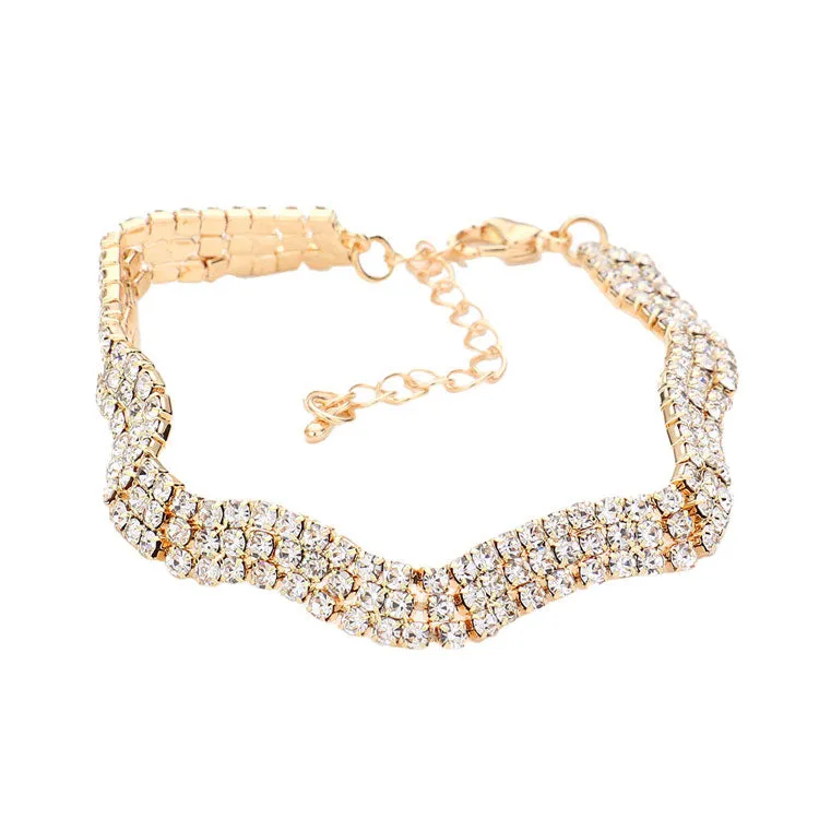 3Rows Rhinestone Wavy Evening Bracelet