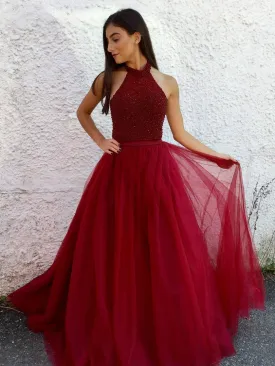 A-line Beaded Halter High Neck Beaded Top Tulle Skirt Long Prom Dresses APD2831