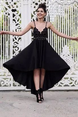 A Line Black V neck Short High Low Spaghetti Straps Prom Dresses Homecoming Dress JS692