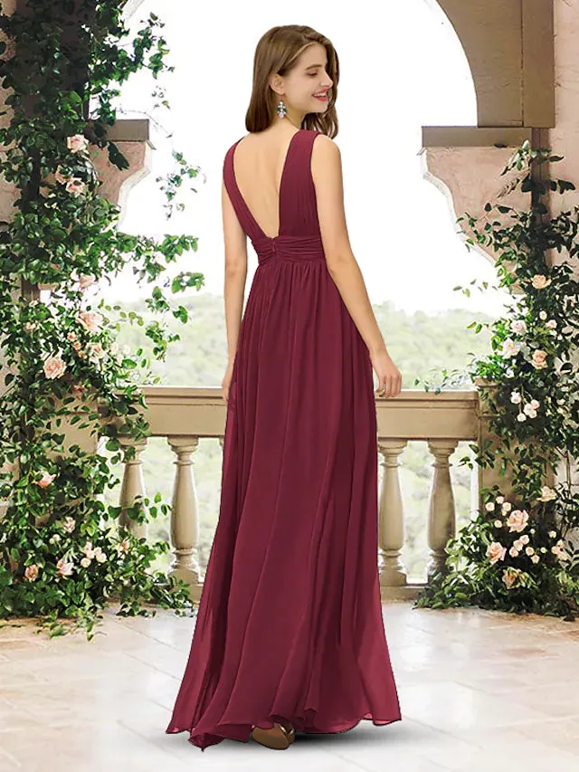 A-Line Bridesmaid Dress V Neck Sleeveless Elegant Floor Length Chiffon with Pleats  Split Front