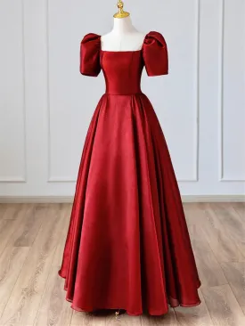 Burgundy Satin Prom Dress - Simple A-Line Long Evening Gown with Short Sleeves