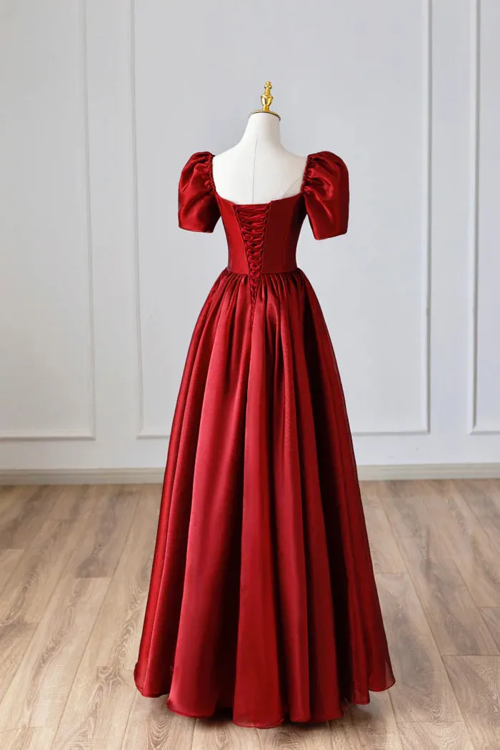 Burgundy Satin Prom Dress - Simple A-Line Long Evening Gown with Short Sleeves