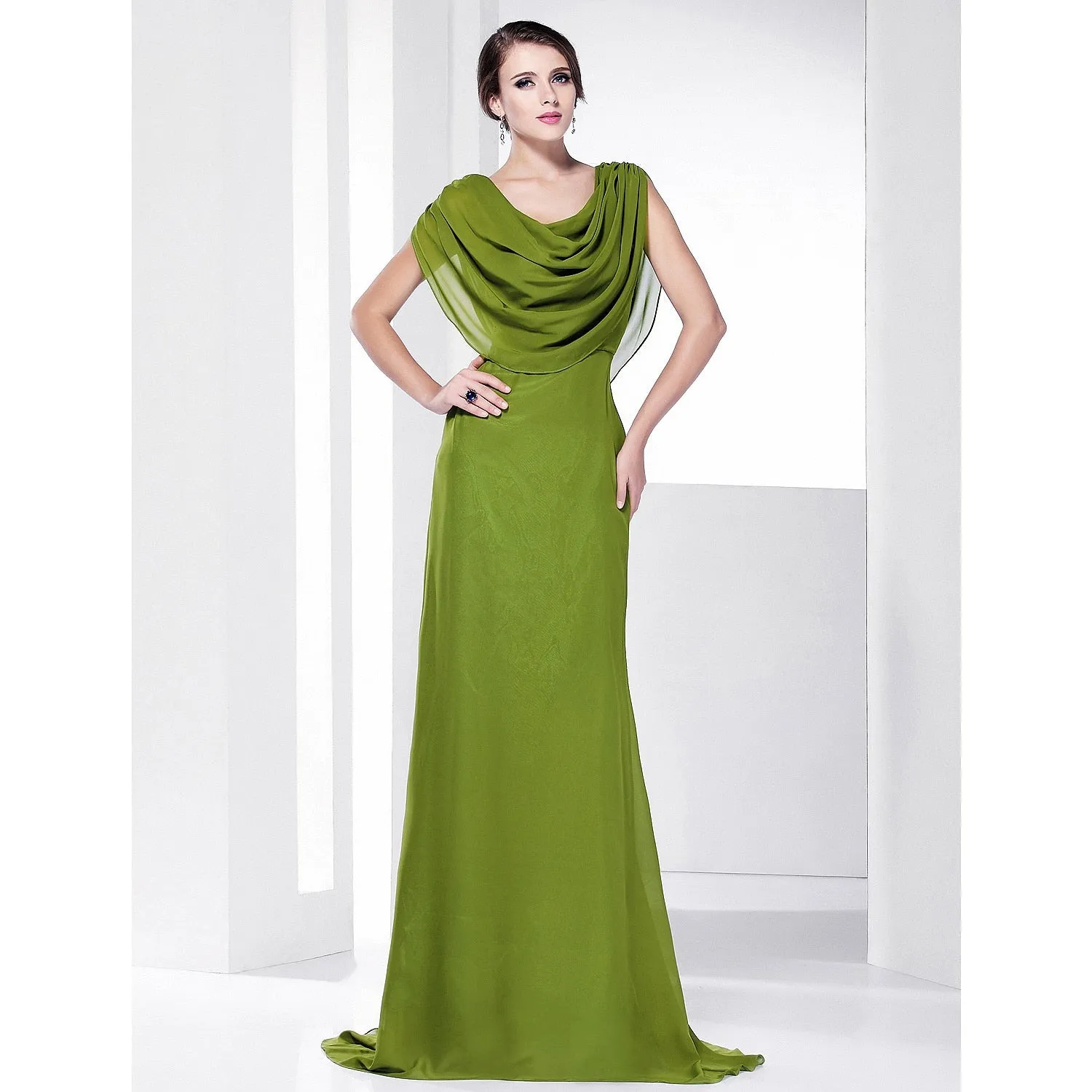 A-Line Celebrity Style Inspired Formal Evening Military Ball Dress Cowl Neck Short Sleeve Sweep / Brush Train Chiffon with