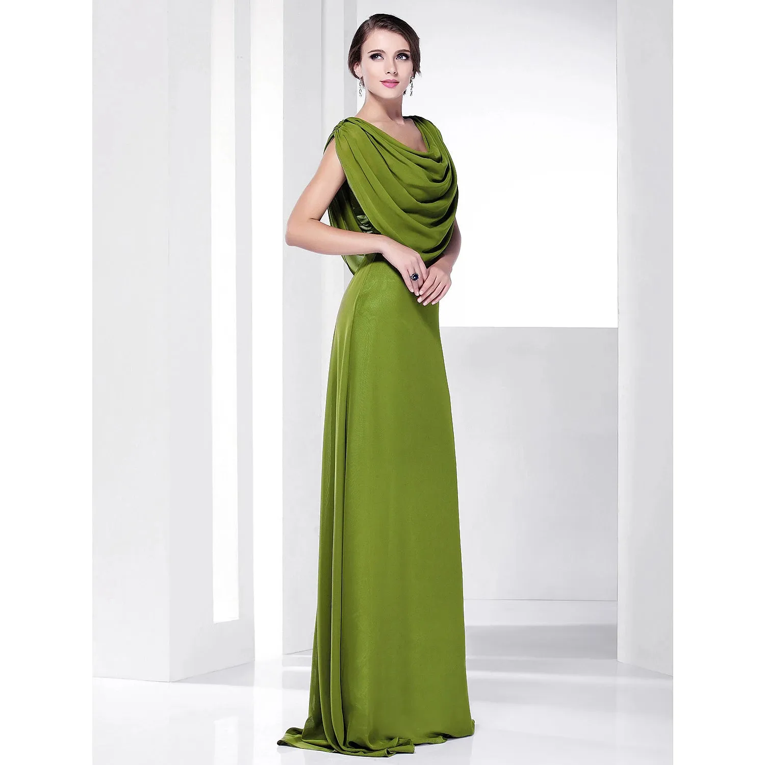 A-Line Celebrity Style Inspired Formal Evening Military Ball Dress Cowl Neck Short Sleeve Sweep / Brush Train Chiffon with