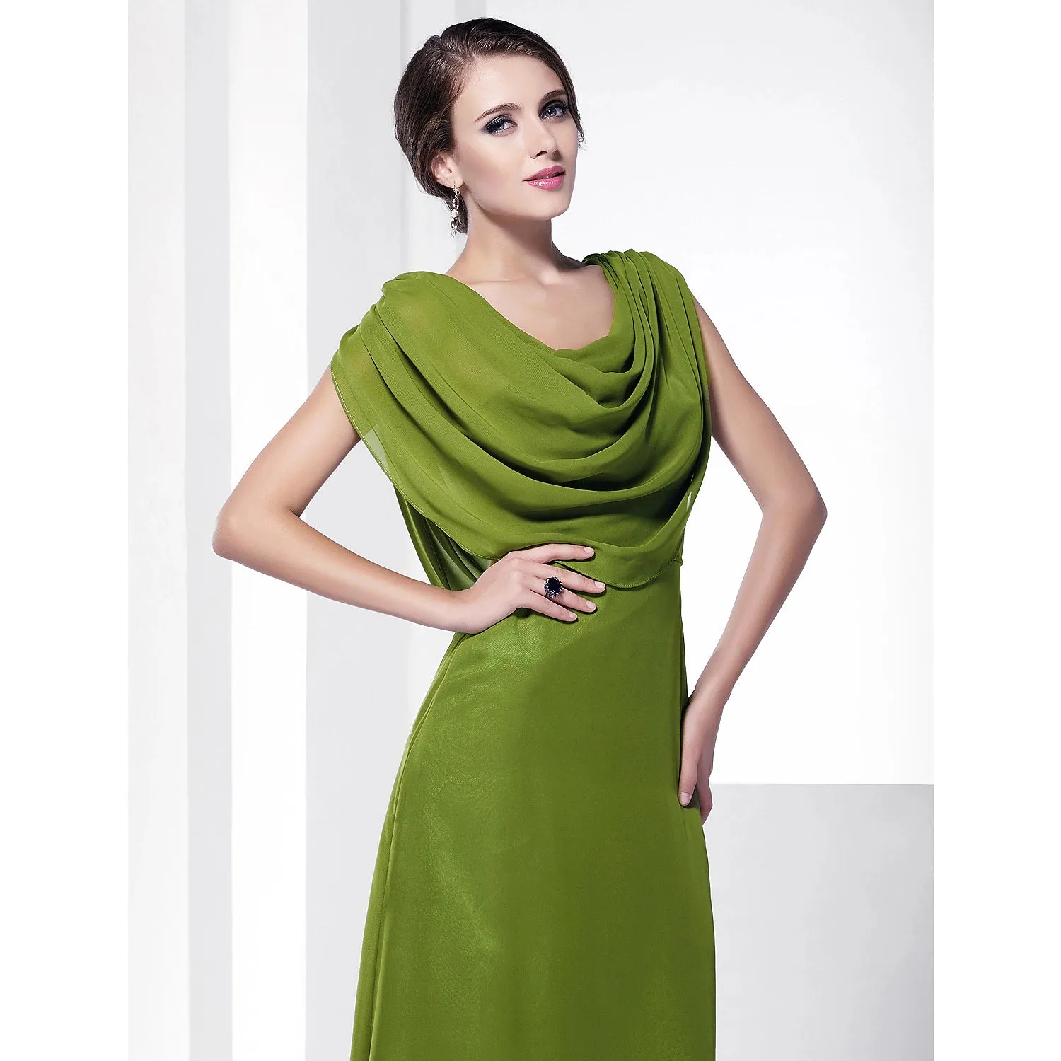 A-Line Celebrity Style Inspired Formal Evening Military Ball Dress Cowl Neck Short Sleeve Sweep / Brush Train Chiffon with