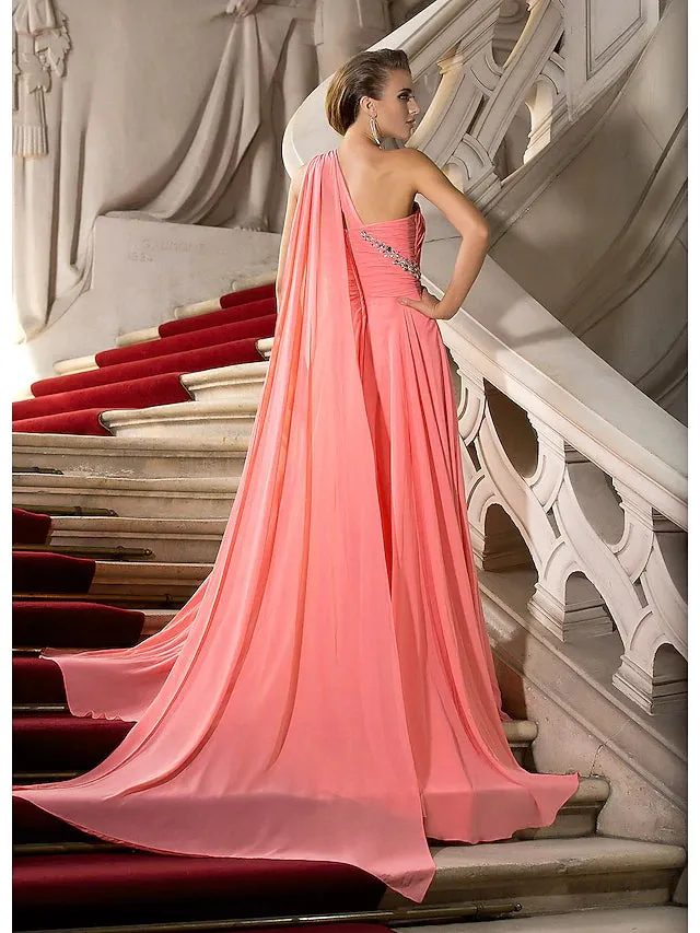 A-Line Elegant Dress Wedding Guest Court Train Sleeveless One Shoulder Chiffon with Crystals Draping