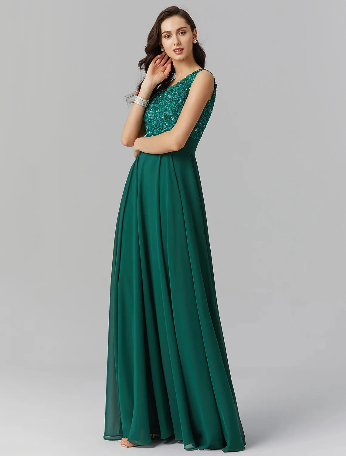 A-Line Elegant Dress Wedding Guest Floor Length Sleeveless V Neck Chiffon V Back with Sash / Ribbon Beading