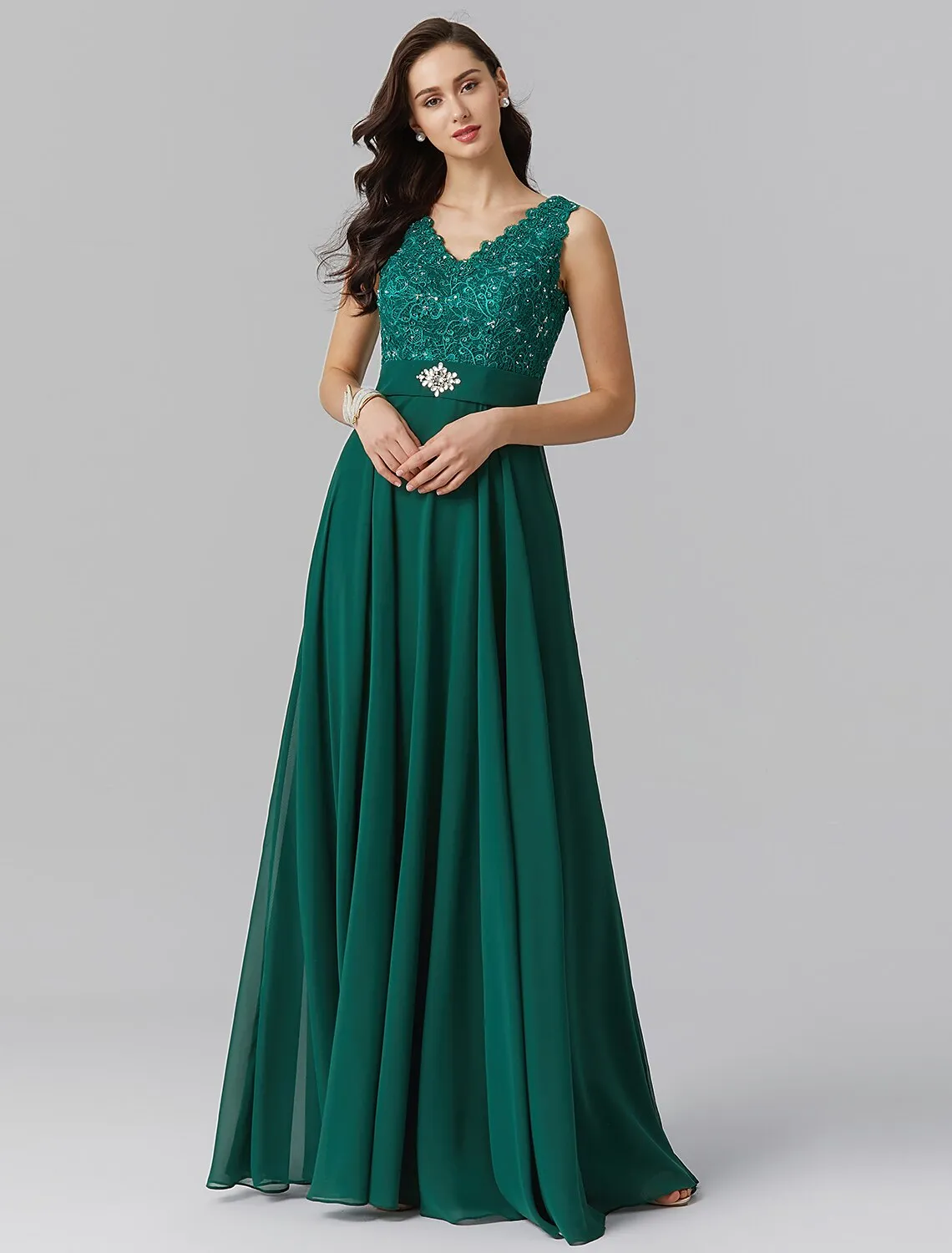 A-Line Elegant Dress Wedding Guest Floor Length Sleeveless V Neck Chiffon V Back with Sash / Ribbon Beading