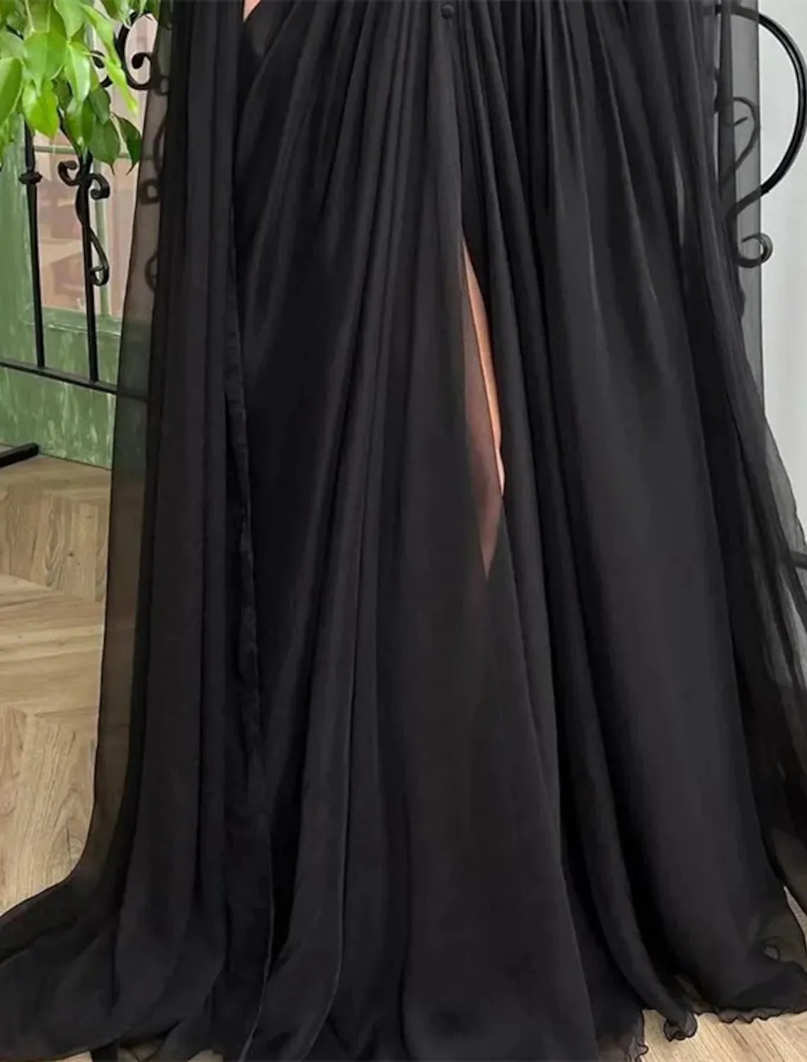 A-Line Evening Gown Black Dress Plus Size Formal Masquerade Court Train Long Sleeve V Neck Wednesday Addams Family Chiffon with Buttons Slit Appliques