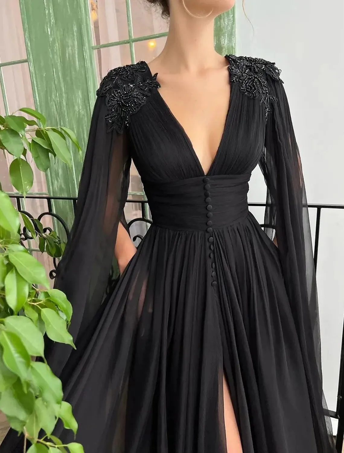 A-Line Evening Gown Black Dress Plus Size Formal Masquerade Court Train Long Sleeve V Neck Wednesday Addams Family Chiffon with Buttons Slit Appliques