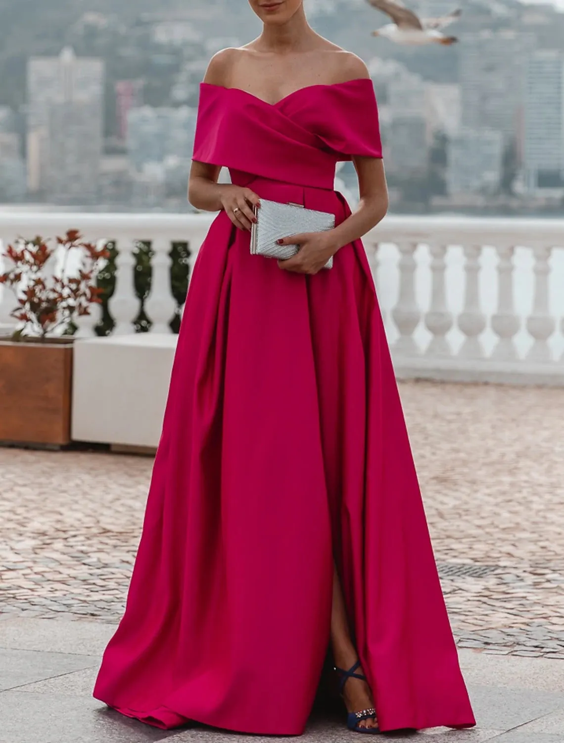 A-Line Evening Gown Christmas Red Green Dress Celebrity Style Dress Formal Wedding Court Train Sleeveless Off Shoulder Bridesmaid Dress Satin with Ruched Slit