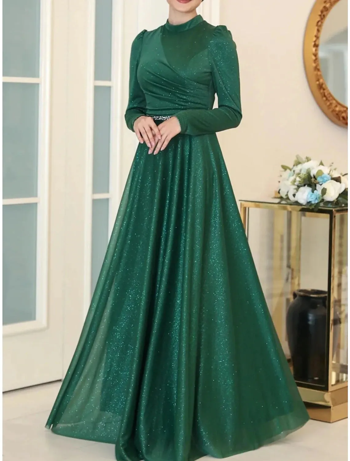 A-Line Evening Gown Elegant Dress Formal Floor Length Long Sleeve High Neck Lurex Fabric with Rhinestone Pleats Ruched