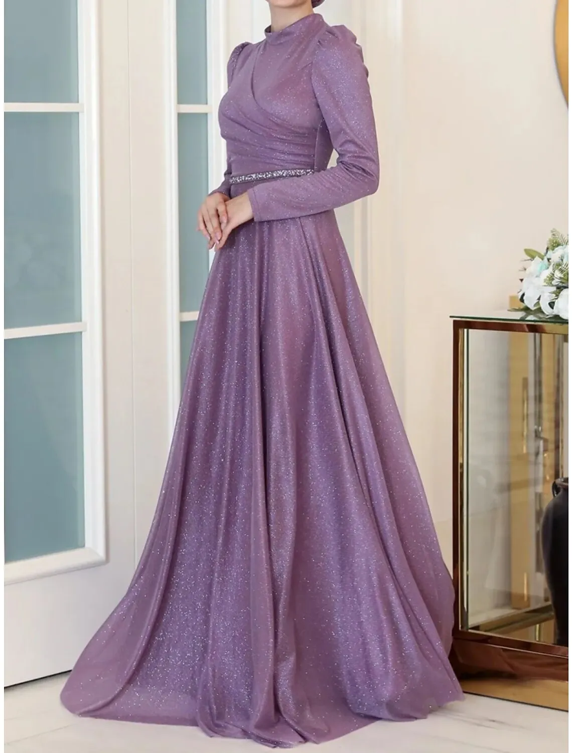 A-Line Evening Gown Elegant Dress Formal Floor Length Long Sleeve High Neck Lurex Fabric with Rhinestone Pleats Ruched