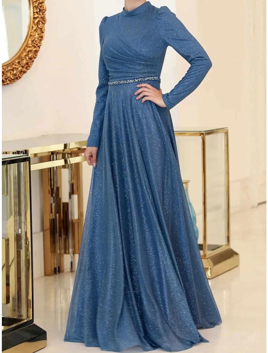 A-Line Evening Gown Elegant Dress Formal Floor Length Long Sleeve High Neck Lurex Fabric with Rhinestone Pleats Ruched