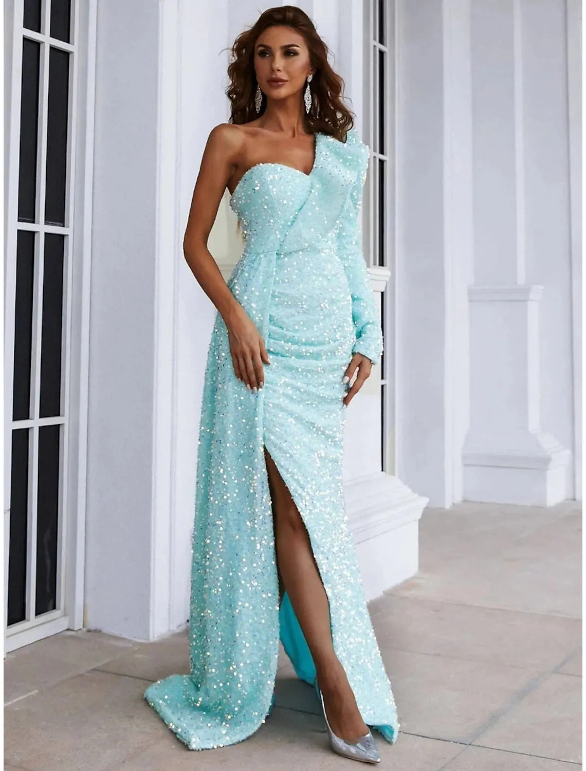 A-Line Evening Gown Elegant Dress Formal Sweep / Brush Train Long Sleeve One Shoulder Sequined with Glitter Ruched Slit