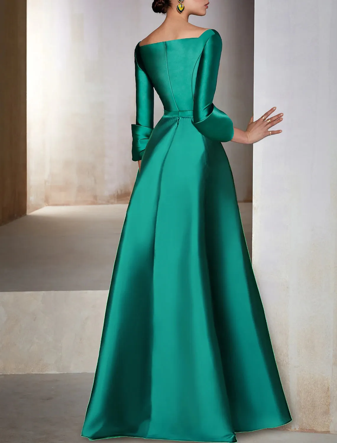 A-Line Evening Gown Elegant Dress Red Green Dress Formal Wedding Guest Floor Length 3/4 Length Sleeve V Neck Satin with Bow(s)