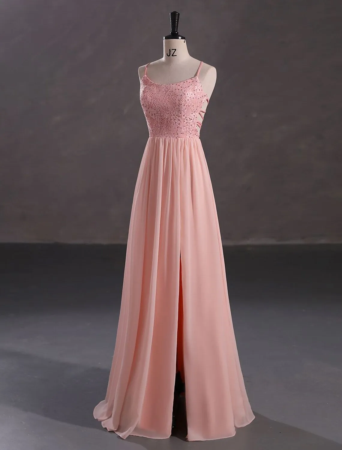 A-Line Evening Gown Elegant Dress Wedding Guest Floor Length Sleeveless Spaghetti Strap Chiffon Crisscross Back with Sequin Slit