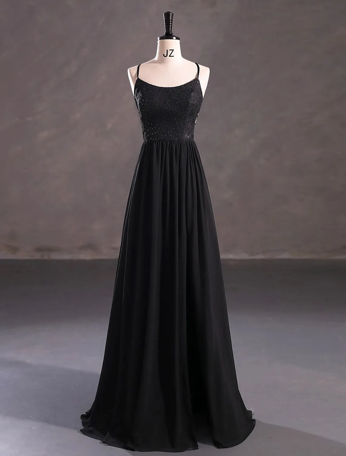 A-Line Evening Gown Elegant Dress Wedding Guest Floor Length Sleeveless Spaghetti Strap Chiffon Crisscross Back with Sequin Slit