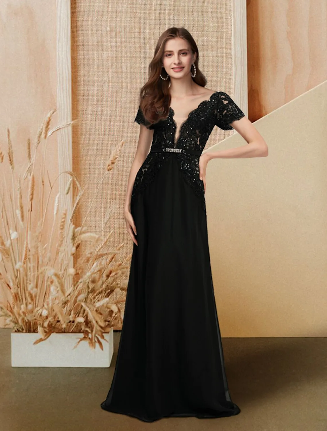 A-Line Evening Gown Empire Dress Engagement Formal Evening Floor Length Short Sleeve V Neck Chiffon with Sequin Lace Insert