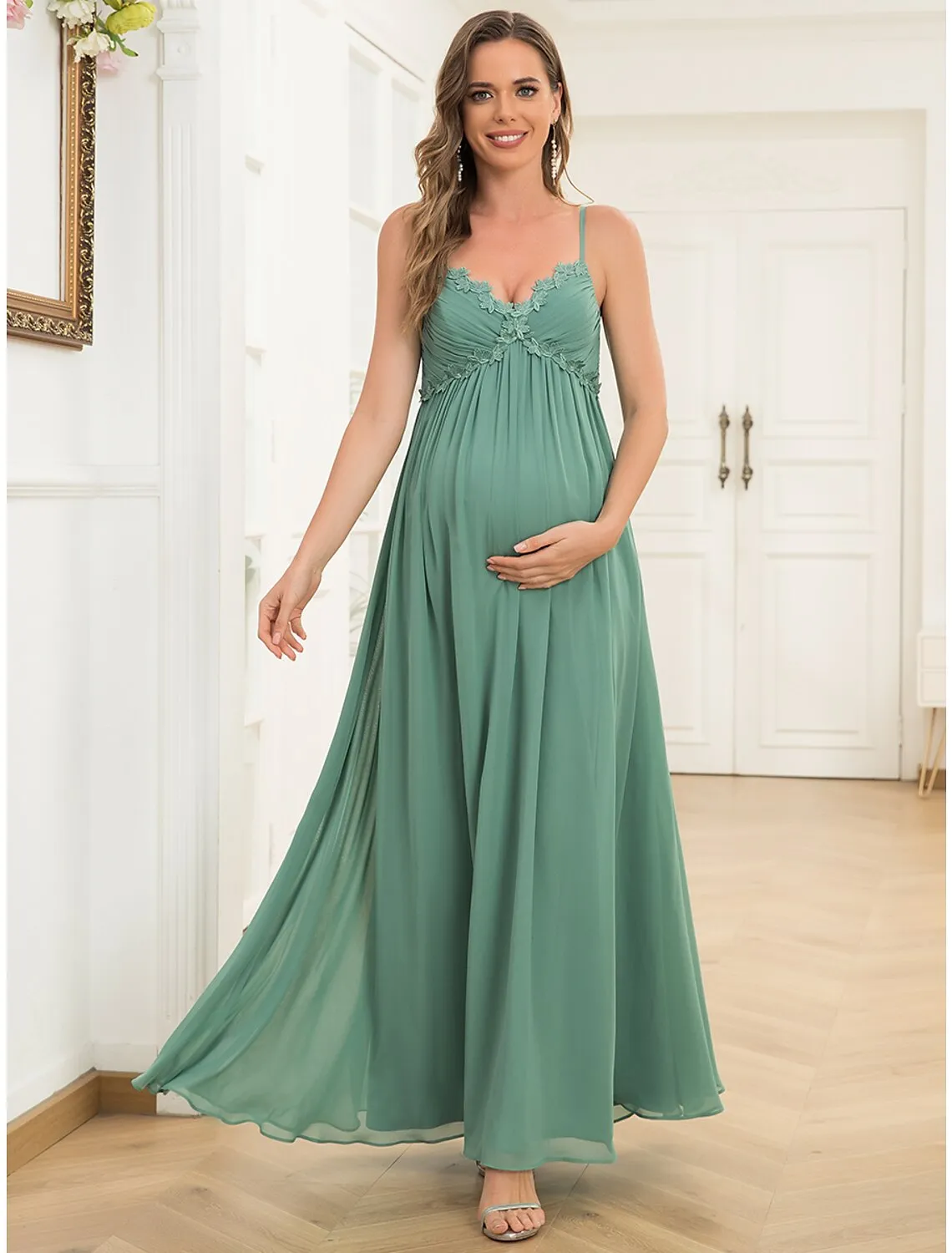 A-Line Evening Gown Maternity Dress Wedding Guest Wedding Party Floor Length Sleeveless V Neck Chiffon V Back with Draping