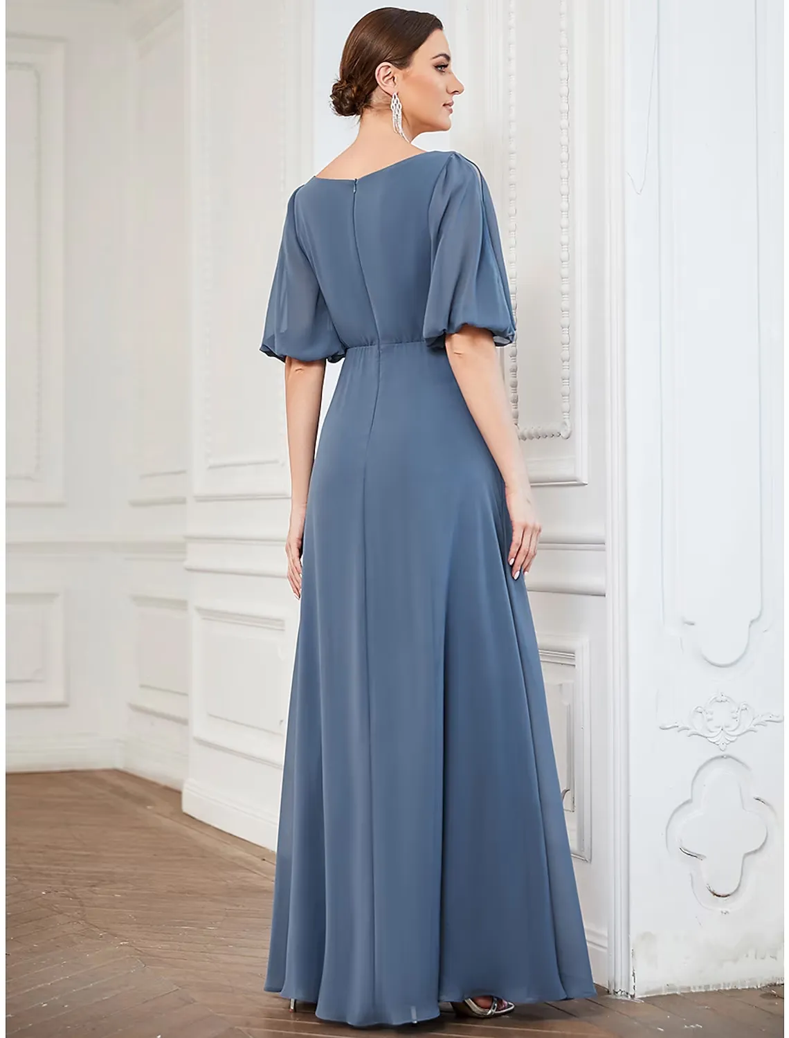 A-Line Evening Gown Minimalist Dress Wedding Guest Floor Length Half Sleeve V Neck Chiffon with Pleats