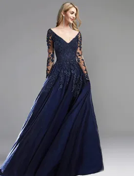 A-Line Evening Gown Open Back Dress Formal Evening Sweep / Brush Train Long Sleeve Plunging Neck Chiffon with Appliques