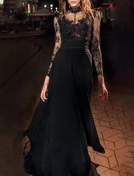 Vintage A-Line Floor Length Black Chiffon Evening Gown with Long Sleeves, High Neck and Appliques - Ideal for Masquerade