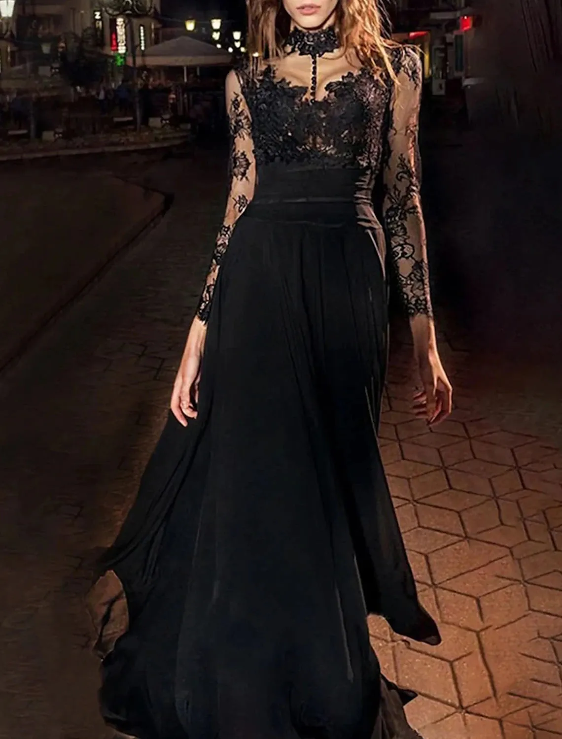 Vintage A-Line Floor Length Black Chiffon Evening Gown with Long Sleeves, High Neck and Appliques - Ideal for Masquerade