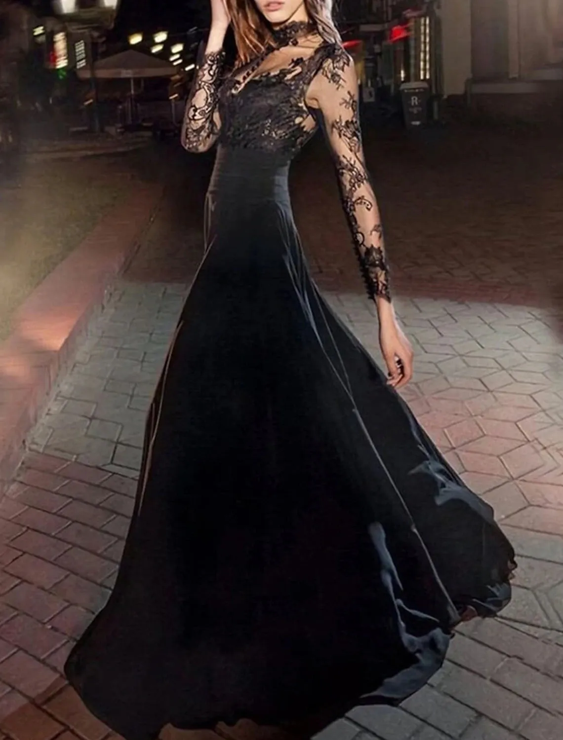 Vintage A-Line Floor Length Black Chiffon Evening Gown with Long Sleeves, High Neck and Appliques - Ideal for Masquerade