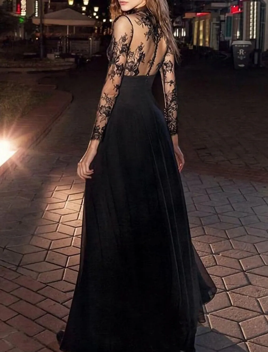 Vintage A-Line Floor Length Black Chiffon Evening Gown with Long Sleeves, High Neck and Appliques - Ideal for Masquerade