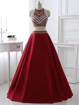 A-line High-Neck Floor-Length Satin Rhine Stone Two Piece  Prom Dresses ASD2503