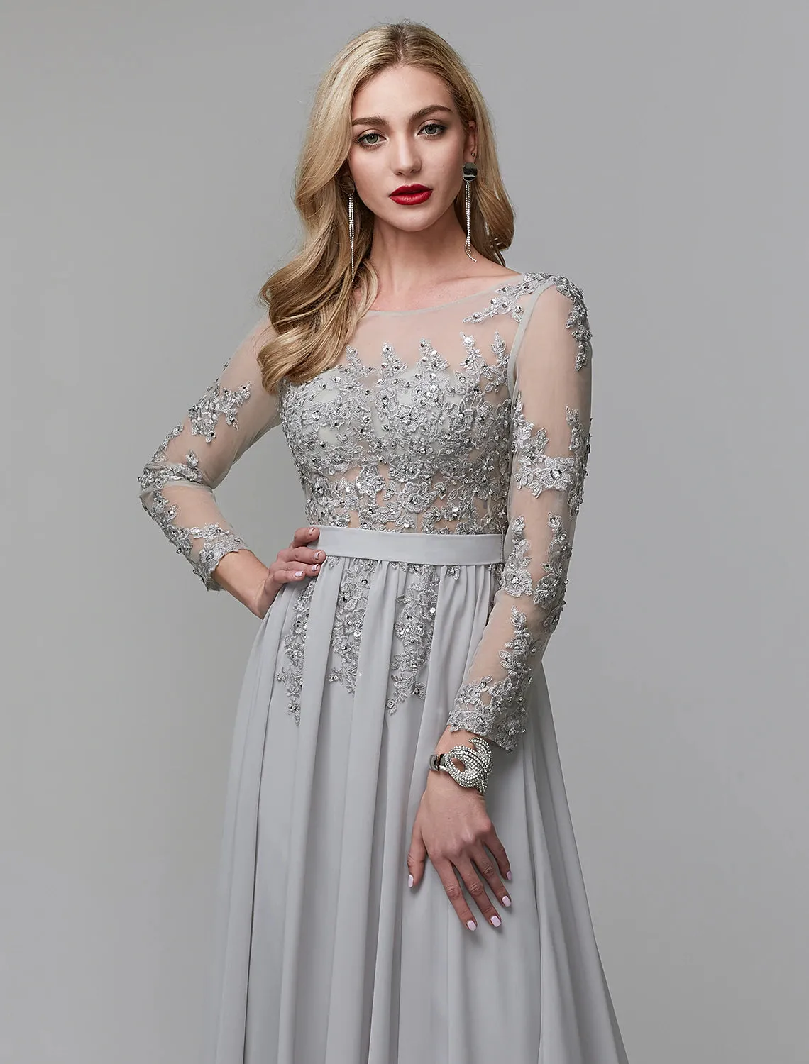 A-Line Luxurious Engagement Formal Evening Dress Illusion Neck V Back Low Back Long Sleeve Chapel Train Chiffon with Sequin Appliques / Illusion Sleeve