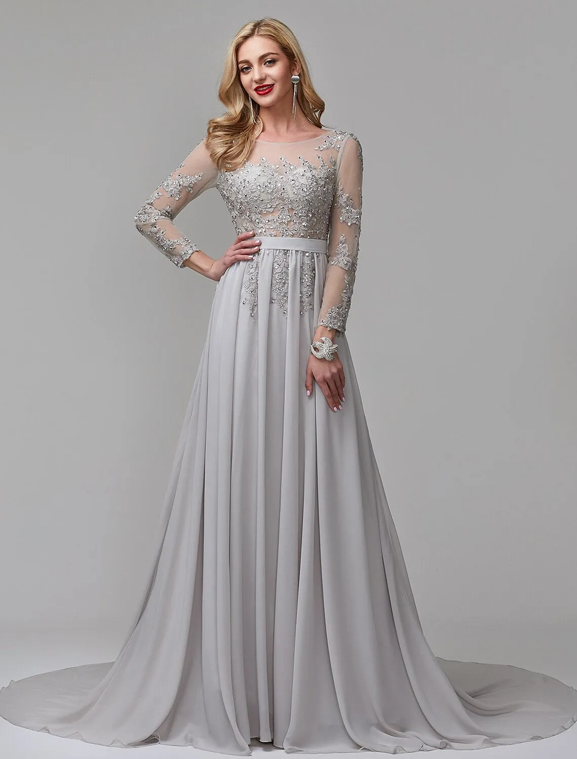 A-Line Luxurious Engagement Formal Evening Dress Illusion Neck V Back Low Back Long Sleeve Chapel Train Chiffon with Sequin Appliques / Illusion Sleeve