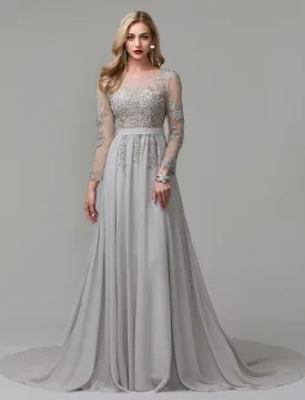 A-Line Luxurious Engagement Formal Evening Dress Illusion Neck V Back Low Back Long Sleeve Chapel Train Chiffon with Sequin Appliques / Illusion Sleeve