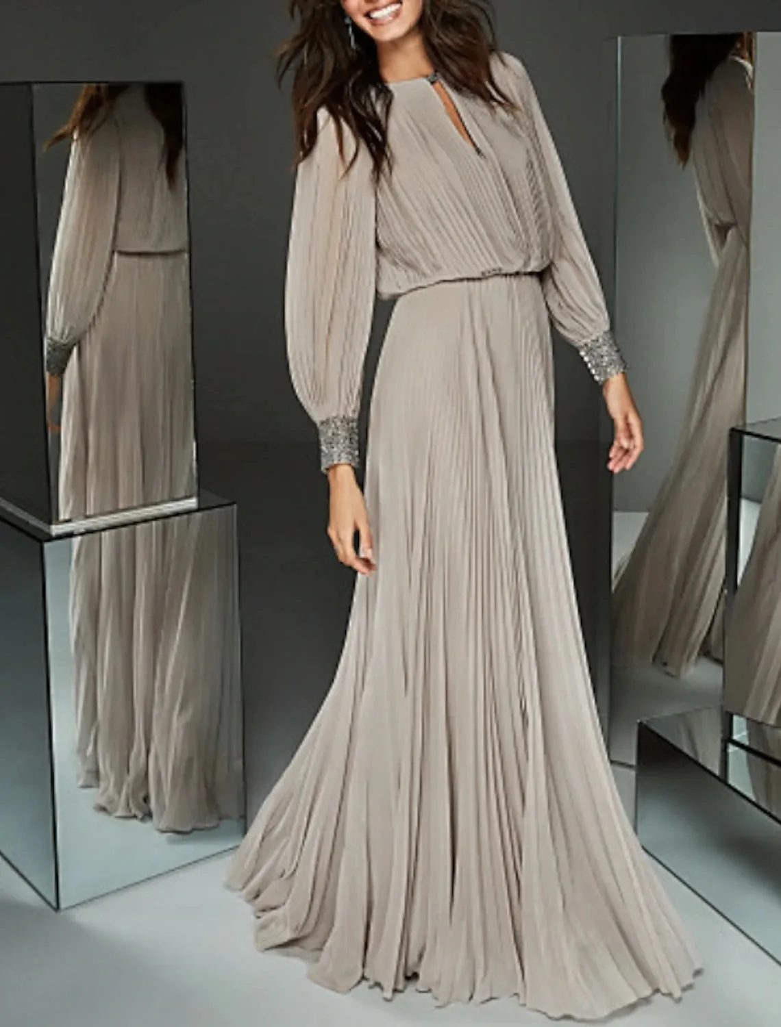 A-Line Mother of the Bride Dress Elegant & Luxurious Jewel Neck Floor Length Chiffon Long Sleeve with Buttons Pleats Beading