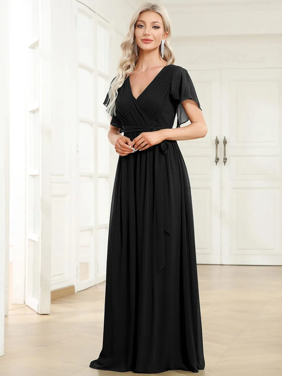 A-Line Pleated Chiffon Tie-Waist Evening Dress