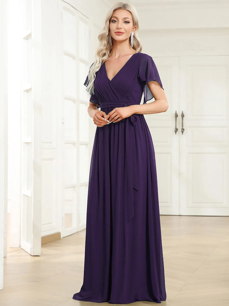 A-Line Pleated Chiffon Tie-Waist Evening Dress