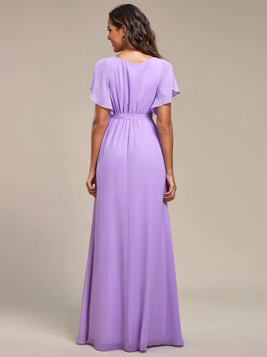 A-Line Pleated Chiffon Tie-Waist Evening Dress