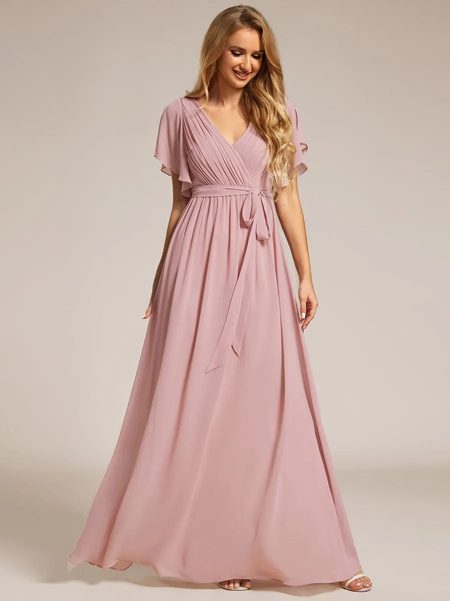 A-Line Pleated Chiffon Tie-Waist Evening Dress