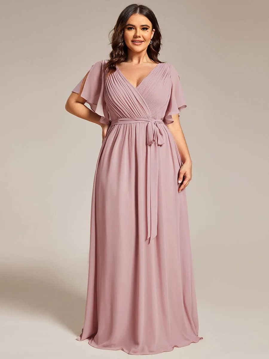 A-Line Pleated Chiffon Tie-Waist Evening Dress