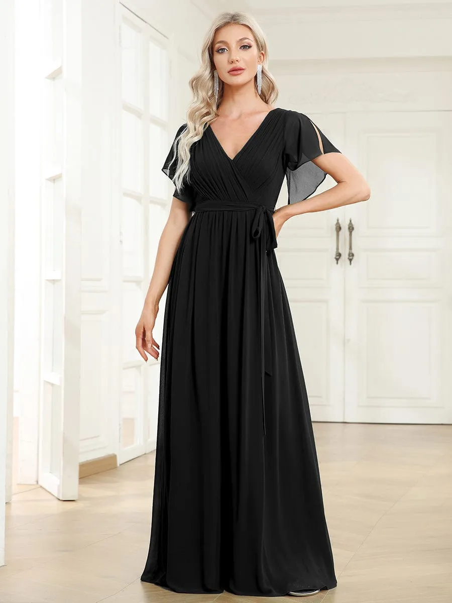 A-Line Pleated Chiffon Tie-Waist Evening Dress