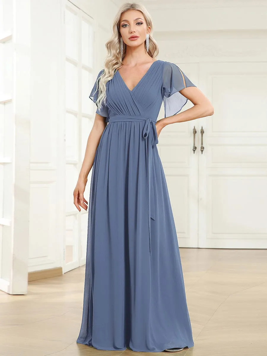 A-Line Pleated Chiffon Tie-Waist Evening Dress